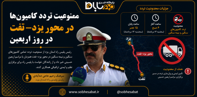 ممنوعیت تردد کامیونها در محور یزد–تفت در روز اربعین ممنوعیت تردد کامیونها در محور یزد–تفت در روز اربعین